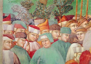 Die heilige Klara umarmt den Leichnam des heiligen Franziskus, Detail der Menge auf der rechten Seite, 1297-99 (Fresko) (Detail) von Giotto di Bondone