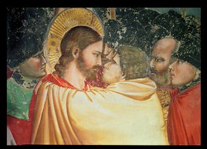 Der Verrat Christi, (Detail) des Kusses, ca. 1305