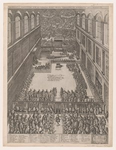 Speculum Romanae Magnificentiae: Eine päpstliche Versammlung in der Sixtinischen Kapelle, Michelangelos Decke von Giovanni Ambrogio Brambilla