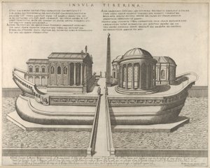 Ansicht der Tiberinsel als Schiff dargestellt, der Tempel des Äskulap links