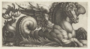 Geflügeltes Seepferdchen mit einem offenen Blatt am Ende seines Schwanzes, aus dem zwei Staubblätter herausragen von Giovanni Andrea Maglioli