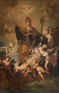 Südliches Querschiff, Altar von San Benedetto, Heiliger Benedikt in Gloria beim Segnen der Stadt, Altarbild von Giovanni Angelo Borroni, San Benedetto in Gloria beim Segnen der Stadt 1744 von Giovanni Angelo Borroni