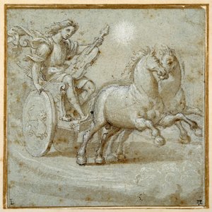Apollo sitzt in seinem Wagen mit seiner Geige