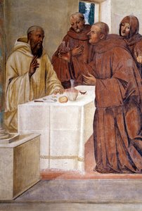 Benedikt zerbricht ein Glas vergifteten Weins durch das Kreuzzeichen (Detail) von Giovanni Antonio Bazzi Sodoma