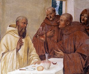 Benedikt zerbricht ein Glas vergifteten Weins, indem er das Kreuzzeichen macht (Detail). Kreuzgangfresko von Antonio Bazzi, genannt Il Sodoma (1477 - 1549), das das Leben des Heiligen Benedikt von Nursia (480 - 567), Gründer des Benediktinerordens, erzählt