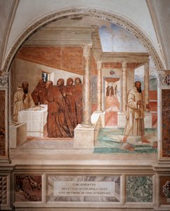 Benedikt zerbricht ein Glas vergifteten Weins, indem er das Kreuzzeichen macht, Fresko des Kreuzgangs von Antonio Bazzi genannt il Sodoma (1477 - 1549), das das Leben von St. Benedikt von Nursia (480 - 567) erzählt, Gründer des Benediktinerordens 1503 - 15 von Giovanni Antonio Bazzi Sodoma