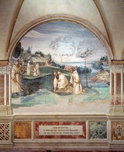 Benedikt lässt eine Sichel in den See fallen, Fresko des Kreuzgangs von Giovan Antonio Bazzi genannt il Sodoma (1477-1549), das das Leben von St. Benedikt von Nursia (480 - 567) erzählt, Gründer des Benediktinerordens 1505-1508, Abtei von Monte Oliveto Mag von Giovanni Antonio Bazzi Sodoma