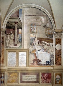 Benedikt erhält Mehl im Überfluss und ernährt die Mönche (Fresko von Antonio Bazzi, genannt il Sodoma, 1503 - 1508, Abtei von Monte Oliveto)
