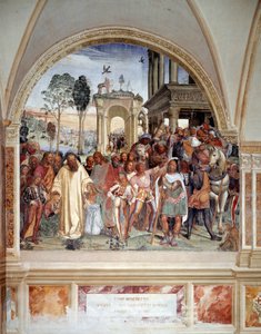 Benedikt empfängt zwei junge Römer Maurus und Placidus (Detail) von Giovanni Antonio Bazzi Sodoma