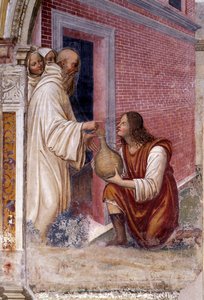 Wie Benedikt eine Flasche Wein in eine Schlange verwandelt, die ein Diener vor ihm versteckt hat (Detail) (Fresko von Antonio Bazzi) von Giovanni Antonio Bazzi Sodoma