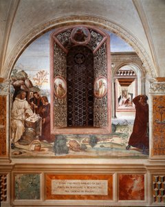 Wie ein Priester Benedikt zu Ostern Essen brachte - Fresko des Kreuzgangs von Antonio Bazzi genannt il Sodoma (1477 - 1549), das das Leben von St. Benedikt von Nursia (480 - 567) erzählt, Gründer des Benediktinerordens 1503 - 1508, Abtei von Monte Oliveto  von Giovanni Antonio Bazzi Sodoma