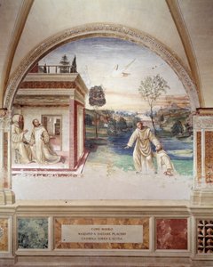 Maurus geht auf dem Wasser, um St. Placidus zu retten, Fresko des Kreuzgangs von Antonio Bazzi genannt il Sodoma (1477 - 1549), das das Leben von St. Benedikt von Nursia (480 - 567) erzählt, Gründer des Benediktinerordens von Giovanni Antonio Bazzi Sodoma