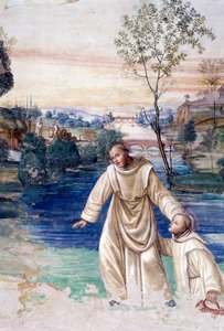 Maur geht auf dem Wasser, um den heiligen Placidus zu retten (Detail). Kreuzgangfresko von Antonio Bazzi, genannt Il Sodoma (1477 - 1549), das das Leben des Heiligen Benedikt von Nursia (480 - 567), Gründer des Benediktinerordens, erzählt. 1503 - 1508, Abt