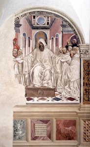 Der heilige Benedikt gibt den Mönchen die Regel (Fresko des Kreuzgangs von Antonio Bazzi, genannt il Sodoma, 1477 - 1549, das das Leben des heiligen Benedikt von Nursia (480 - 567) erzählt, Gründer des Benediktinerordens, 1503) von Giovanni Antonio Bazzi Sodoma