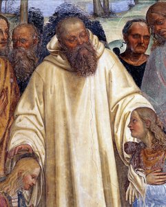 Wie Benedikt die beiden jungen Römer Maurus und Placid empfängt (Detail) Fresko des Kreuzgangs, realisiert von Antonio Bazzi genannt il Sodoma (1477 - 1549), das das Leben von Benedikt von Nursia (480 - 567) Gründer des Benediktinerordens erzählt