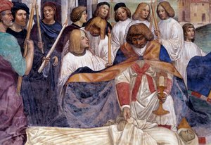 Der heilige Benedikt trägt den Leichnam Christi auf dem Körper des Mönchs, den die Erde nicht begraben will (Detail) von Giovanni Antonio Bazzi Sodoma