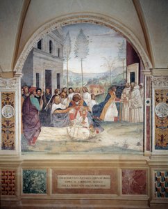 St. Benedikt trägt den Leib Christi auf dem Körper des Mönchs, den die Erde nicht begraben will, Fresko des Kreuzgangs von Antonio Bazzi genannt il Sodoma (1477 - 1549), das das Leben von St. Benedikt von Nursia (480 - 567) erzählt, Gründer des Benediktine von Giovanni Antonio Bazzi Sodoma