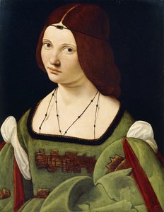 Porträt einer Dame, vermutlich Clarice Pusterla, halblang, in einem grünen Kleid