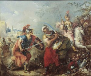 Der Kampf zwischen Tancred und Argante mit Clorinda im Hintergrund von Giovanni Antonio Guardi