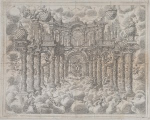 Bühnenbild mit allegorischen Figuren, die unter den Wolken sitzen, 1690 von Giovanni Antonio Lorenzini