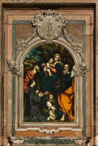 Altar der Heiligen Katharina, Madonna mit Kind zwischen den Heiligen Philippus und Jakobus und dem Stifter Giacomo Schizzi von Giovanni Antonio Pordenone