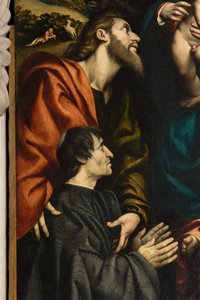 Altar der Heiligen Katharina, Madonna mit Kind zwischen den Heiligen Philippus und Jakobus und dem Stifter Giacomo Schizzi (Detail) von Giovanni Antonio Pordenone