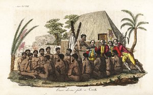 Hawaiianische Eingeborene bieten Captain James Cook ein Opferferkel vor 12 Priestern und einem Holzidol im heiligen Orono-Haus an. Handkolorierte Kupferstichgravur von Sasso nach John Webber aus Giulio Ferrarios 
