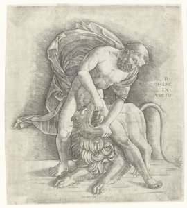 Herkules kämpft gegen den nemeischen Löwen Hercules overwint de Nemeïsche leeuw D HERC IN VICTO (Titel auf Objekt) von Giovanni Antonio da Brescia