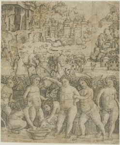 Sieben Cupidos mit zwei Widdern in einer Landschaft von Giovanni Antonio da Brescia