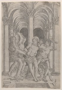 Die Geißelung Christi, der an eine Säule gebunden ist