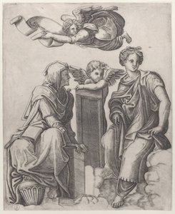 Zwei weibliche Figuren, die in den Wolken sitzen, flankieren einen Engel und einen weiteren, der darüber fliegt von Giovanni Antonio da Brescia