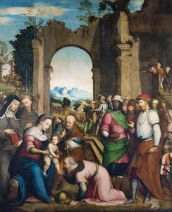 Anbetung der Heiligen Drei Könige mit St. Klara und Franziskus, ca. 1510 von Giovanni Battista (1489 1561) Volponi