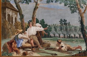 Gästeunterkünfte, Raum der ländlichen Szenen: "Die Rast des Bauern" (Detail) von Giovanni Battista Tiepolo