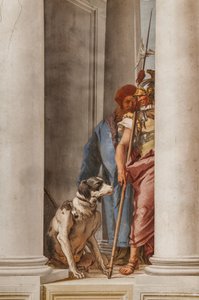 Palazzina (Kleines Gebäude), die Eingangshalle: "Die griechische Flotte in Aulis" (Detail, Hund und Soldat) von Giovanni Battista Tiepolo