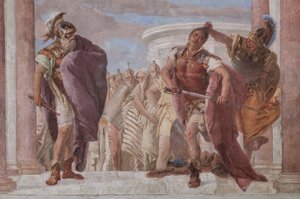 Palazzina (Kleines Gebäude): Ansicht des ersten Raums und seiner Fresken, die Episoden aus der Ilias darstellen: "Athena verhindert, dass Achilles sein Schwert gegen Agamemnon zieht", Detail