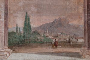 Palazzina (Kleines Gebäude): Ansicht des ersten Raums und seiner Fresken, die Episoden aus der Ilias darstellen: "Cupid mit Pfeilen fliegt über eine venezianische Landschaft" (Detail, Landschaft)
