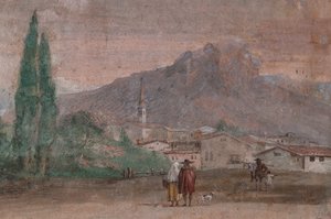 Palazzina: Ansicht des ersten Raums und seiner Fresken aus der Ilias: Amor mit Pfeilen fliegt über eine venezianische Landschaft (Detail) von Giovanni Battista Tiepolo