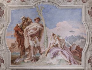 Palazzina (Kleines Gebäude): Ansicht des vierten Raums oder von Torquato Tasso, mit Fresken, die Episoden aus "Das befreite Jerusalem" darstellen: "Rinaldo, begleitet von Ubaldo und Carlo, verlässt Armida" von Giovanni Battista Tiepolo