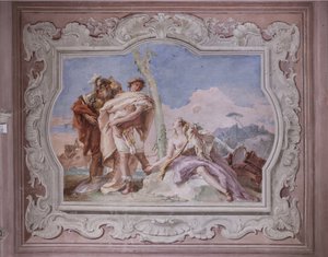 Palazzina (Kleines Gebäude): Ansicht des vierten Raums oder von Torquato Tasso, mit Fresken, die Episoden aus "Das befreite Jerusalem" darstellen: "Rinaldo, begleitet von Ubaldo und Carlo, verlässt Armida" von Giovanni Battista Tiepolo