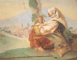 Landschaft mit Bauer, ein alter Mann sitzt, sein Kopf bedeckt von einem blutigen Mann, der sein Gesicht verbirgt von Giovanni Battista Tiepolo