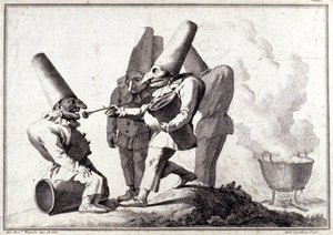 Die Gruppe von Pulcinella (italienischer Polichinelle). Zeichnung in Feder und Waschung auf Bleistiftmarkierung von Giovanni Battista (Giambattista) Tiepolo (1696-1770)