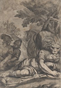 Ein Löwe auf einem gefallenen Reiter rechts, mit zwei anderen Soldaten links, 1640-70 von Giovanni Battista Bonacina