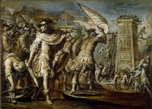 Erster Kreuzzug: „Der genuesische Condottiere Guglielmo Embriaco während der Eroberung Jerusalems“ Es ist der Ursprung eines Angriffsturms, der aus den Hölzern der genuesischen Schiffe gebaut wurde. Monochrom-Gemälde von Giovanni Battista Carlone