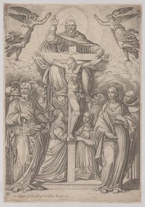 Die Dreifaltigkeit, mit der Kreuzigung in der Mitte und Heiligen zu beiden Seiten, 1586