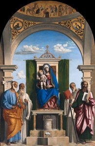 Thronende Madonna mit Kind und den Heiligen Petrus, Romualdus, Benedikt und Paulus von Giovanni Battista Cima da Conegliano