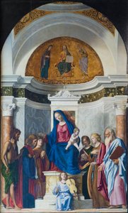 Thronende Madonna mit Kind und St. Johannes der Täufer, St. Cosmas, St. Damian, ca. 1507 von Giovanni Battista Cima da Conegliano