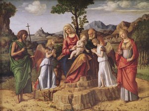 Heilige Konversation (Die Heilige Familie umgeben von Engeln, der heiligen Lucia und Johannes dem Täufer), Rast vor der Flucht nach Ägypten von Giovanni Battista Cima da Conegliano
