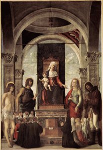 Heilige Konversation, Jungfrau mit Kind umgeben von St. Johannes dem Täufer, St. Sebastian, St. Rochus, St. Maria Magdalena von Giovanni Battista Cima da Conegliano