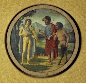 Tasteninstrumentabdeckung mit Illustration von Apollo (mit Lyra) und Marsyas von Giovanni Battista Cima da Conegliano