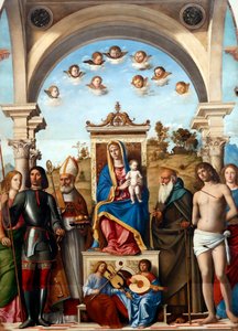 Madonna und Kind auf dem Thron mit den Heiligen Katharina, Georg, Nikolaus, Antonius Abt, Sebastian und Lucia von Giovanni Battista Cima da Conegliano